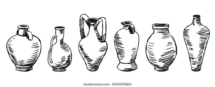 Ancient greek clay pots set for wine and water, doodle, hand drawn vector illustration isolated on white