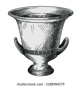Ancient Greek clay vase with ornament meander, line drawing isolated on white background.