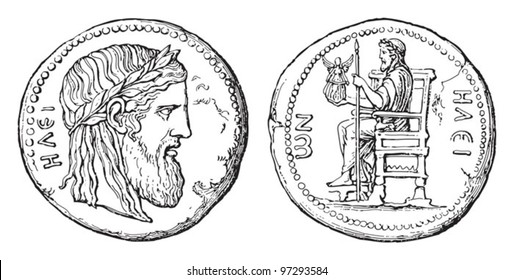 Ancient Greek coin of Elis illustrating the Olympian Zeus / vintage illustration from Meyers Konversations-Lexikon 1897
