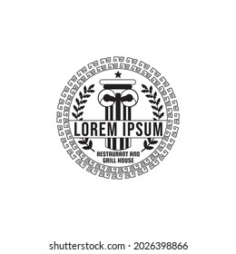 Ancient Greek Coin logo with pillar column, Laurel Wreath, vintage edge pattern badge label emblem logo design vector
