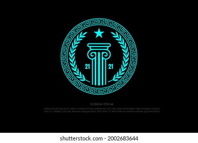 Ancient Greek Coin with Pillar Column, Laurel Wreath, Border Pattern Label Badge Emblem Logo Design Vector