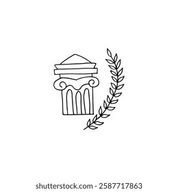 Ancient Greek column capital and a laurel branch doodle cartoon vector hand-drawn.