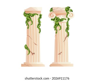 Ancient Greek column with ivy climbing branches. Roman pillar. Building design elements and decoration. Cartoon vector illustration.