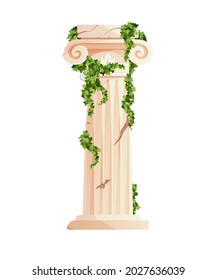 Ancient Greek column with ivy climbing branches. Roman pillar. Building design elements and decoration. Cartoon vector illustration.