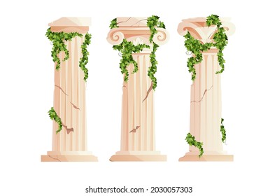 Ancient Greek column with ivy climbing branches. Roman pillar. Building design elements and decoration. Cartoon vector illustration.