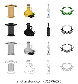 Ancient Greek column, olive oil, ouzo drink, laurel wreath. Greece set collection icons in cartoon black monochrome outline style vector symbol stock illustration web.