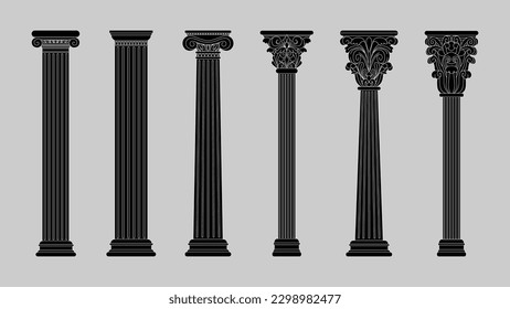 Ancient Greek columns. Black silhouette architecture pillars. Roman antique decoration. Art sculptures. Ornate classic pedestals. Antiquity logo. Vector tidy building isolated elements set