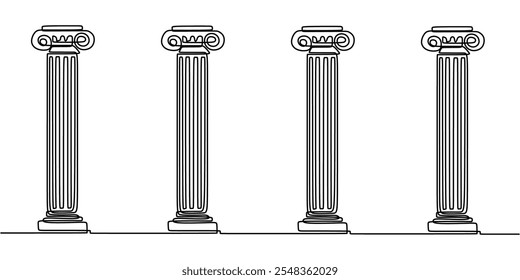 Columnas griegas antiguas representadas en una línea de arte, que representan la historia, la cultura y las reliquias antiguas en un estilo simple y clásico.