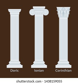 Ancient Greek columns flat icons. Types of Doric, Ionian, Corinthian vector illustration
