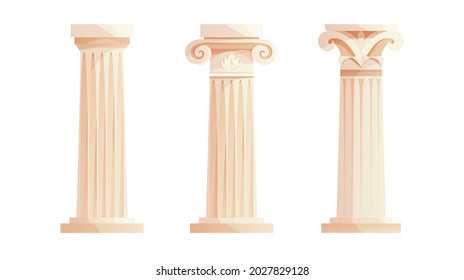 Ancient Greek Columns. Roman Pillar. Building Design Elements And Decoration. Cartoon Vector Illustration.