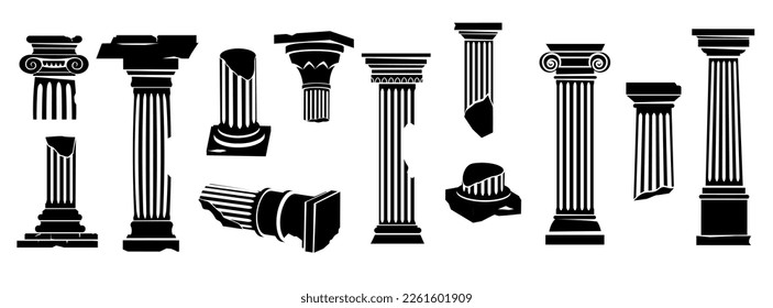 Ancient greek columns silhouette. Black classic roman architectural building elements, monochrome antique pillars and pedestals style. Vector collection of greek ancient column silhouette illustration