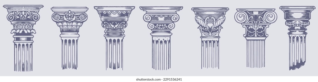 Ancient Greek Columns - Vintage Sketch Illustrations Set for Retro Design | Hand-Drawn Vector Art of Classic Architecture and Ornate Pillars, Decorative Elements for Historic Cultural Concepts