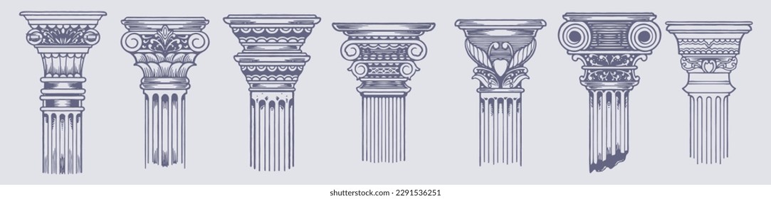 Ancient Greek Columns - Vintage Sketch Illustrations Set for Retro Design | Hand-Drawn Vector Art of Classic Architecture and Ornate Pillars, Decorative Elements for Historic Cultural Concepts