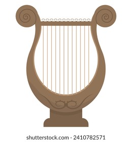 Ancient Greek compact stringed plucked instrument Lyre. Folklore instrument of Ancient Rome. Wooden lyre. Flat drawing style. Isolated on a white background.