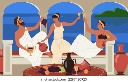 Ancient greek culture. Greek or Roman men and women drink wine, communicate and eat fruits. Antique mythology. Historical characters enjoy life on holiday. Cartoon flat vector illustration