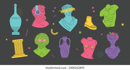 Ancient greek culture sticker pack in modern art style. Acid trendy Greece sculpture, trippy surreal elements, weird statue vector set. Mythological trendy characters.