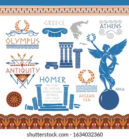 Ancient Greek Culture Vector Illustrations. National Symbols, Ornaments and Tag Decorations