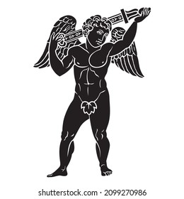 Ancient greek cupid with sword winged goddess illustration black. Vector isolated Antique angel. Black and white silhouette drawing.