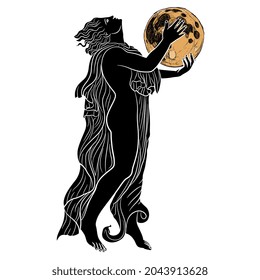 Ancient Greek dancer holding full moon. Creative concept.