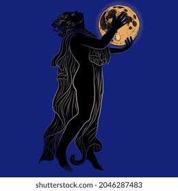 Ancient Greek dancer holding full moon. Creative concept. Goddess Nyx or Selene. 