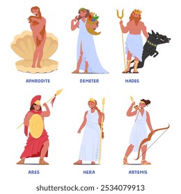 Ancient Greek Deities Including Aphrodite, Demeter, Hades, Ares, Hera and Artemis, Depicted With Distinctive Attributes And Classical Attire Reflecting Their Mythological Roles. Vector Illustration