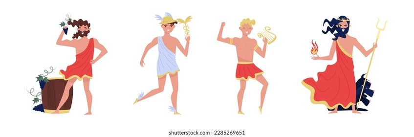 Ancient Greek Deity in Antique Clothing as Myth and Legend Hero Vector Set