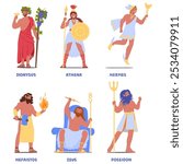 Ancient Greek Deity Characters Including Zeus, Poseidon, Athena, Dionysus, Hermes and Hephaestus Showcasing Mythology And Legendary Pantheon Figures, Capturing The Rich Cultural And Historical Essence