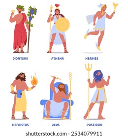 Antike griechische Gottheitsfiguren wie Zeus, Poseidon, Athena, Dionysus, Hermes und Hephaestus, die Mythologie und legendäre Pantheon-Figuren zeigen und die reiche kulturelle und historische Essenz einfangen