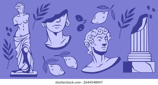 Ancient Greek doodle art with Venus statue, Roman busts, marble column, Mediterranean lemons and olive branches on blue bg - classical civilization icons for museum, education or heritage design.