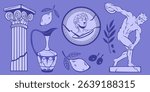 Ancient Greek doodle collection with classical column, statue sculpture, amphora vase, coin portrait and Mediterranean elements. Historical civilization art with mythology symbol for cultural heritage