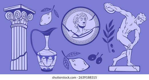 Ancient Greek doodle collection with classical column, statue sculpture, amphora vase, coin portrait and Mediterranean elements. Historical civilization art with mythology symbol for cultural heritage