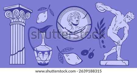 Ancient Greek doodle collection with classical column, statue sculpture, amphora vase, coin portrait and Mediterranean elements. Historical civilization art with mythology symbol for cultural heritage