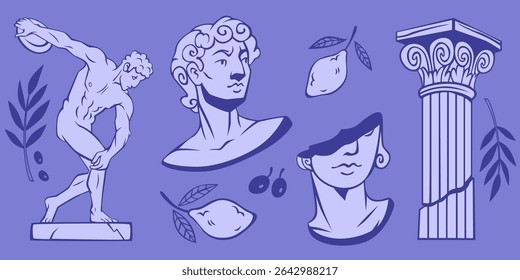 Ancient Greek doodle elements with athletic statue and bust, column, olives, lemon fruit and laurel leaves on purple background. Mediterranean mythology symbol for history education or cultural design