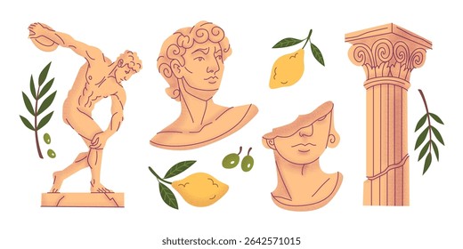 Ilustrações de doodle grego antigo com estátua clássica, bustos, arquitetura de coluna e azeitona mediterrânea, limão e folhas ramos. Elementos arqueológicos para a educação histórica, design de museus