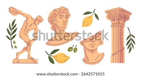 Ancient Greek doodle illustrations with classical statue, busts, column architecture and Mediterranean olive, lemon and leaves branches. Archaeological elements for historical education, museum design