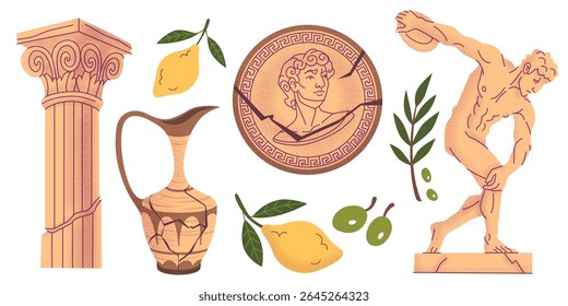 Ancient Greek doodle set with column, coin showing profile, discus thrower statue, ceramic amphora jug, yellow lemons and green olives. Textured Mediterranean antiquity symbols for historical design