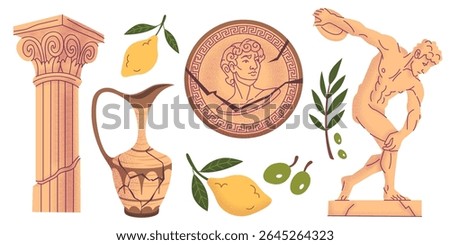 Ancient Greek doodle set with column, coin showing profile, discus thrower statue, ceramic amphora jug, yellow lemons and green olives. Textured Mediterranean antiquity symbols for historical design