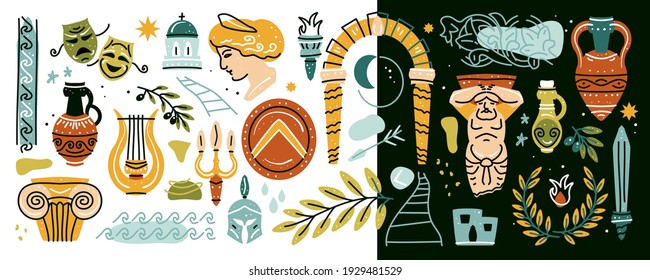 Ancient, Greek element set. Various Antique statues. Branch olive, amphora, column. Heads of woman, knight, Classic Antique items in modern style. Contemporary arts. Vector illustration