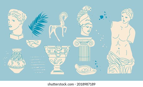 Ancient, Greek element set. Various Antique statues. Heads of woman, knight, amphora. Mythical, ancient greek style. Classic Antique items in modern style. All elements are isolated.