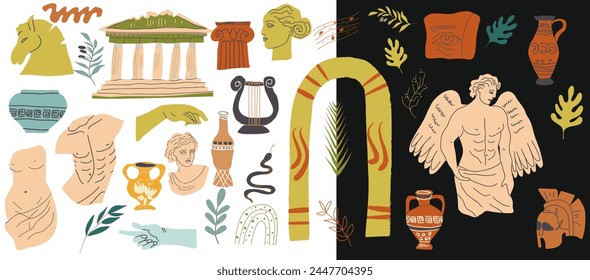 Ancient, Greek element set. Various Antique statues. Branch olive, amphora, column, angel. Heads of woman, snake, Classic Antique items in modern style. Contemporary arts. 