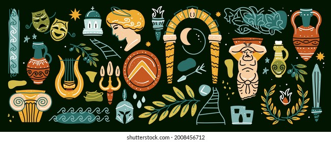 Ancient, Greek elements set. Various Antique statues. Branch olive, amphora, column. Heads of woman, knight, Classic Antique items in modern style. Contemporary arts. Vector illustration