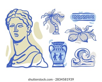 Ancient Greek elements vector set with classical sculpture, amphora, palm tree, and meander pattern vintage mediterranean doodle collection featuring antique statue, ceramic vase, and nature motifs