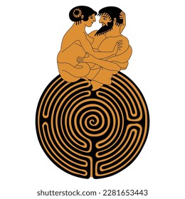 Ancient Greek embracing couple on top of a round spiral maze or labyrinth symbol. Theseus and Ariadne. 