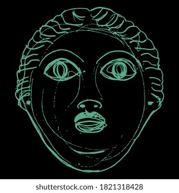 Ancient Greek female mask. Face of a woman or goddess. Hand drawn linear rough sketch. Green silhouette on black background.