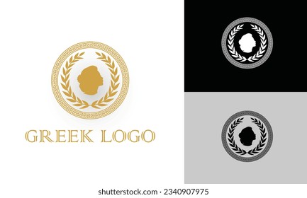 Ancient Greek Figure Coin with Laurel Wreath and Border Pattern logo design. Ancient Gold Greek Coin with silhouette woman head, Laurel Wreath, border pattern vintage label badge emblem logo design.