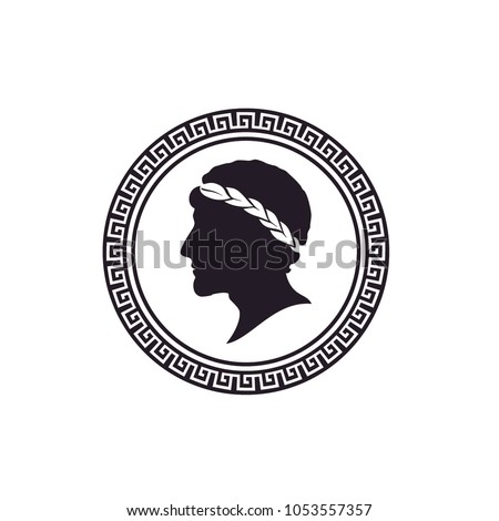 Ancient Greek Figure Philosopher with Circular Greek key pattern frame border or Greece fret meander and Laurel Wreath Coin Medal Medallion logo design 