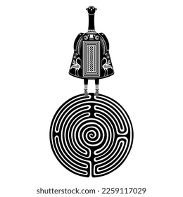 Ancient Greek figurine of a goddess standing on a round spiral maze labyrinth symbol. Bell idol from Thebes, Boeotia. Mythological concept. Great Mother archetype. Ariadne. Black and white silhouette.