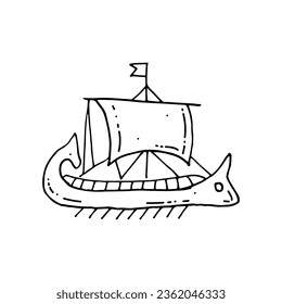 Alte griechische Küche. Ein altes Ruderschiff mit mehreren Zugängen. Doodle. Vektorgrafik. Handgezeichnet. Umriss.