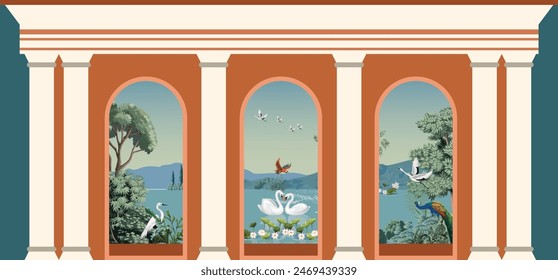 Ancient Greek Garden Wallpaper. Greek Forest Landscape Wall Mural.. Water lily and swan in a beautiful lake.