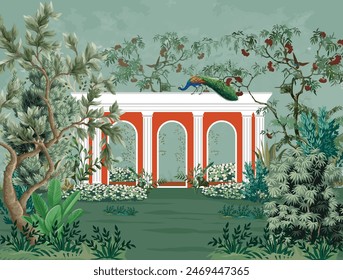 Ancient Greek Garden Wallpaper. Greek Forest Landscape Wall Mural. Greek jungle illustrations.